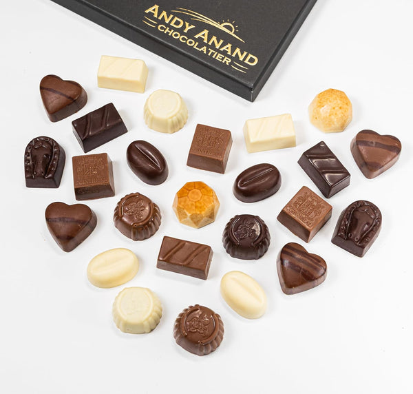 Andy Anand handmade sugar free Belgian chocolate truffles in an open gift box, 25 pieces