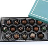 Assorted chocolates in a decorative box with a light blue lid.