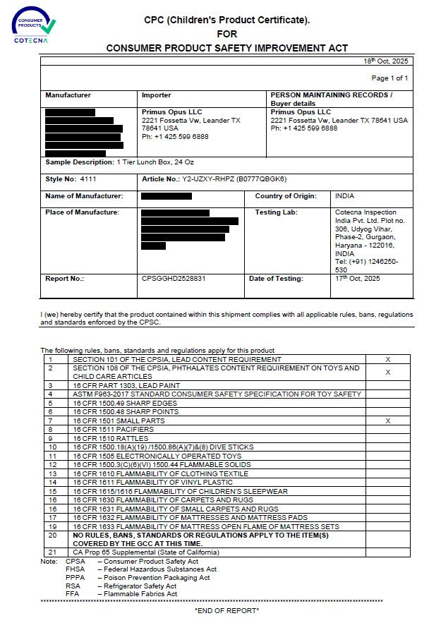 Children's Product Certificate for Consumer Product Safety Improvement Act with various fields and checkboxes.