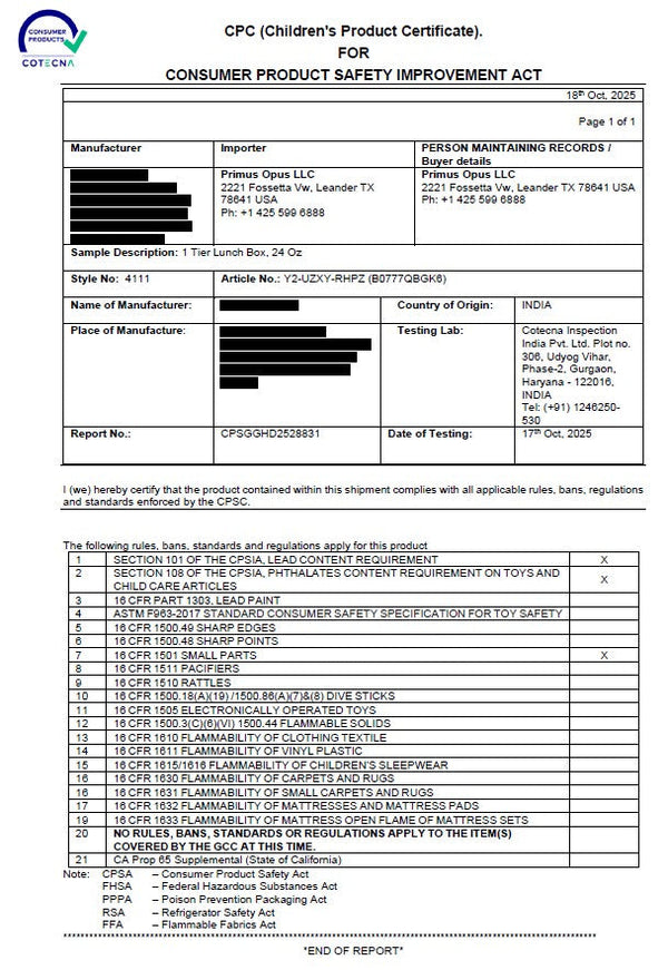 Children's Product Certificate for Consumer Product Safety Improvement Act with various fields and checkboxes.