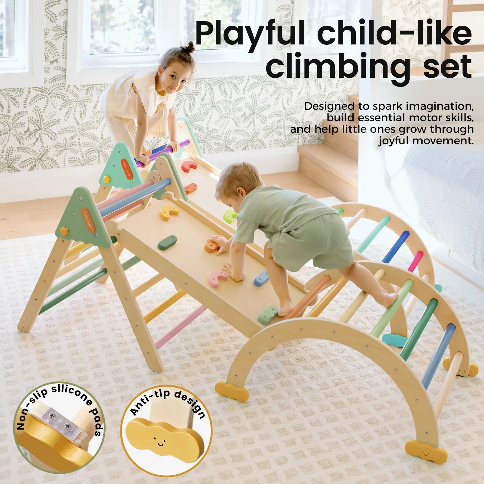 Close-up of Tiny Land Morandi Pikler Triangle reinforced corners and anti-slip pads