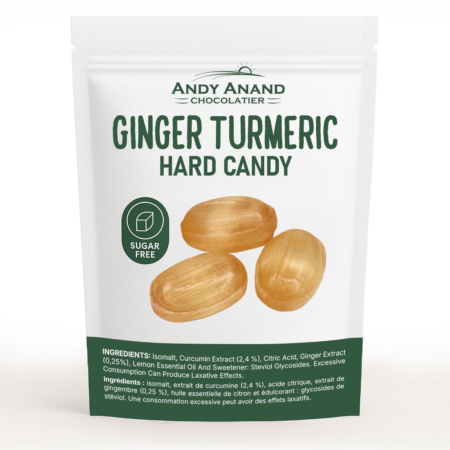 Individually wrapped Andy Anand ginger turmeric hard candies displayed on a surface