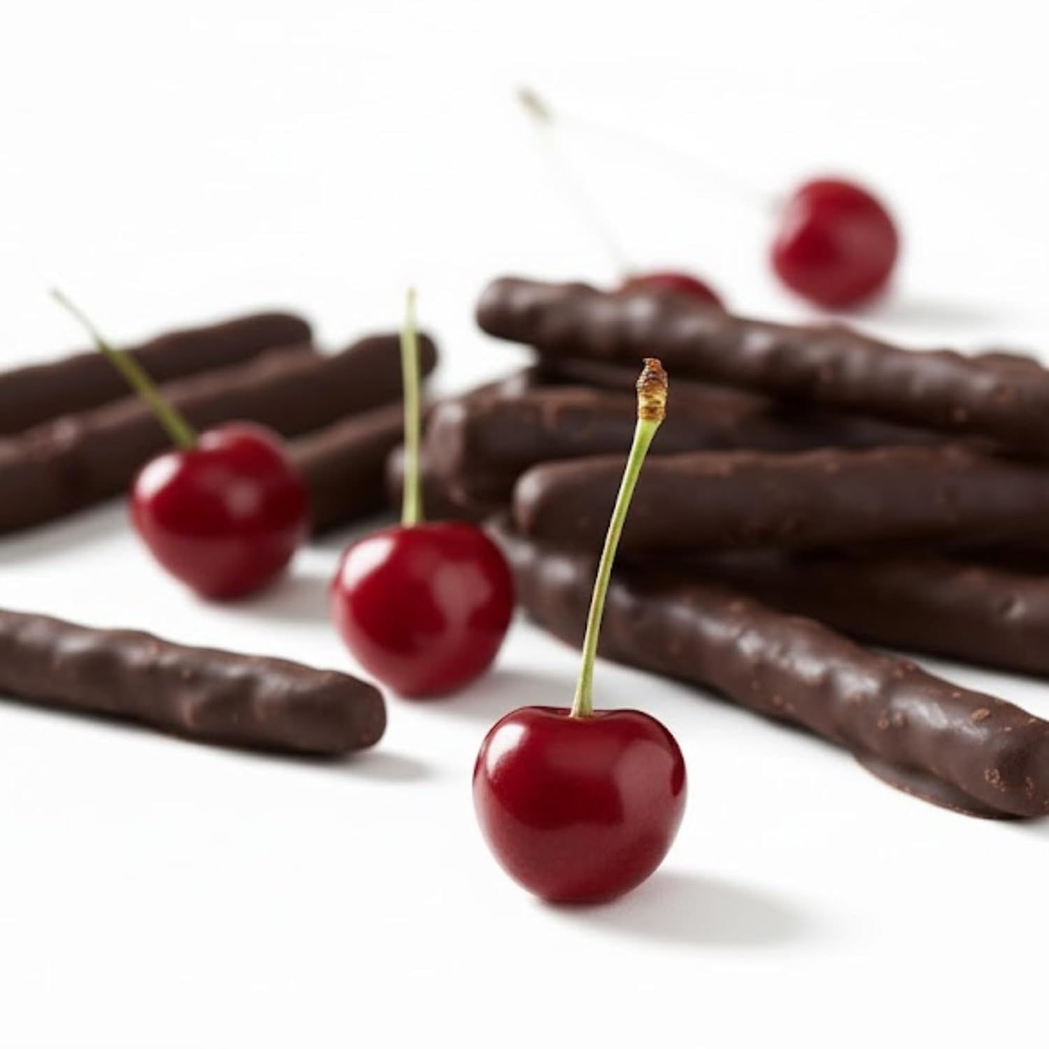 Chocolate-dipped cherries on a white background
