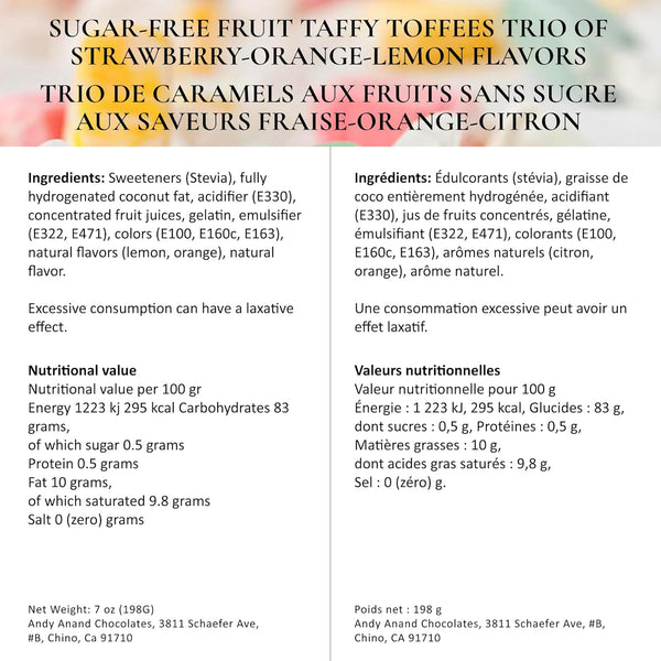 Sugar-Free European Fruit Taffy Toffees – Strawberry, Orange & Lemon | 35 pc, 7 oz
