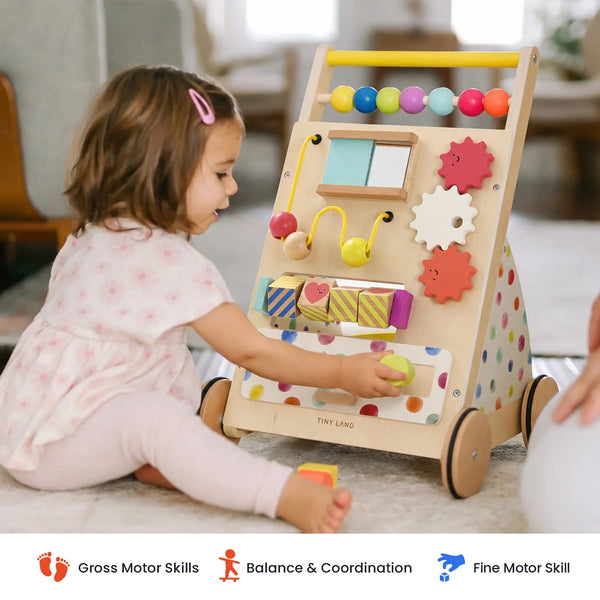 Tiny Land Rainbow Wooden Baby Walker – Natural Wood Activity Push Toy