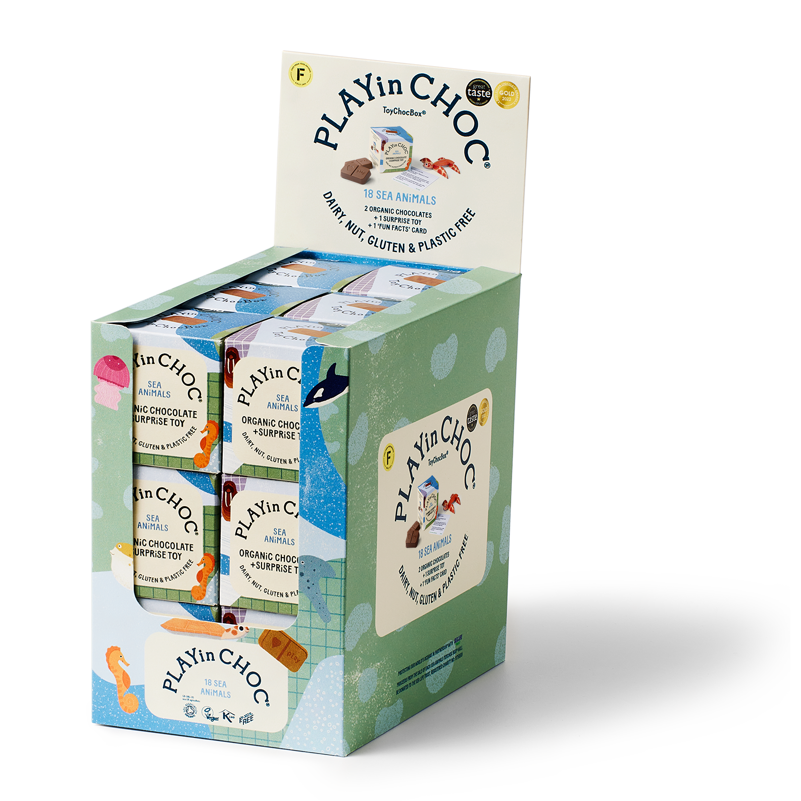 Box of Playin Choc chocolate bars on a white background