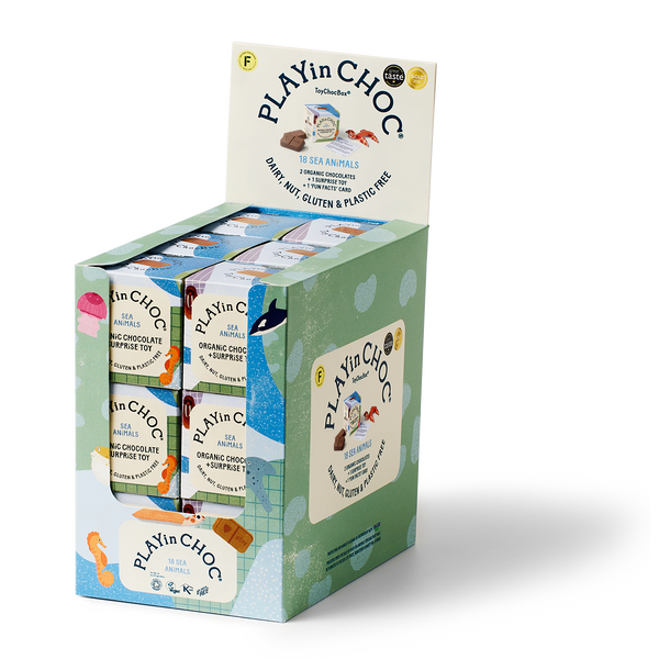 Box of Playin Choc chocolate bars on a white background