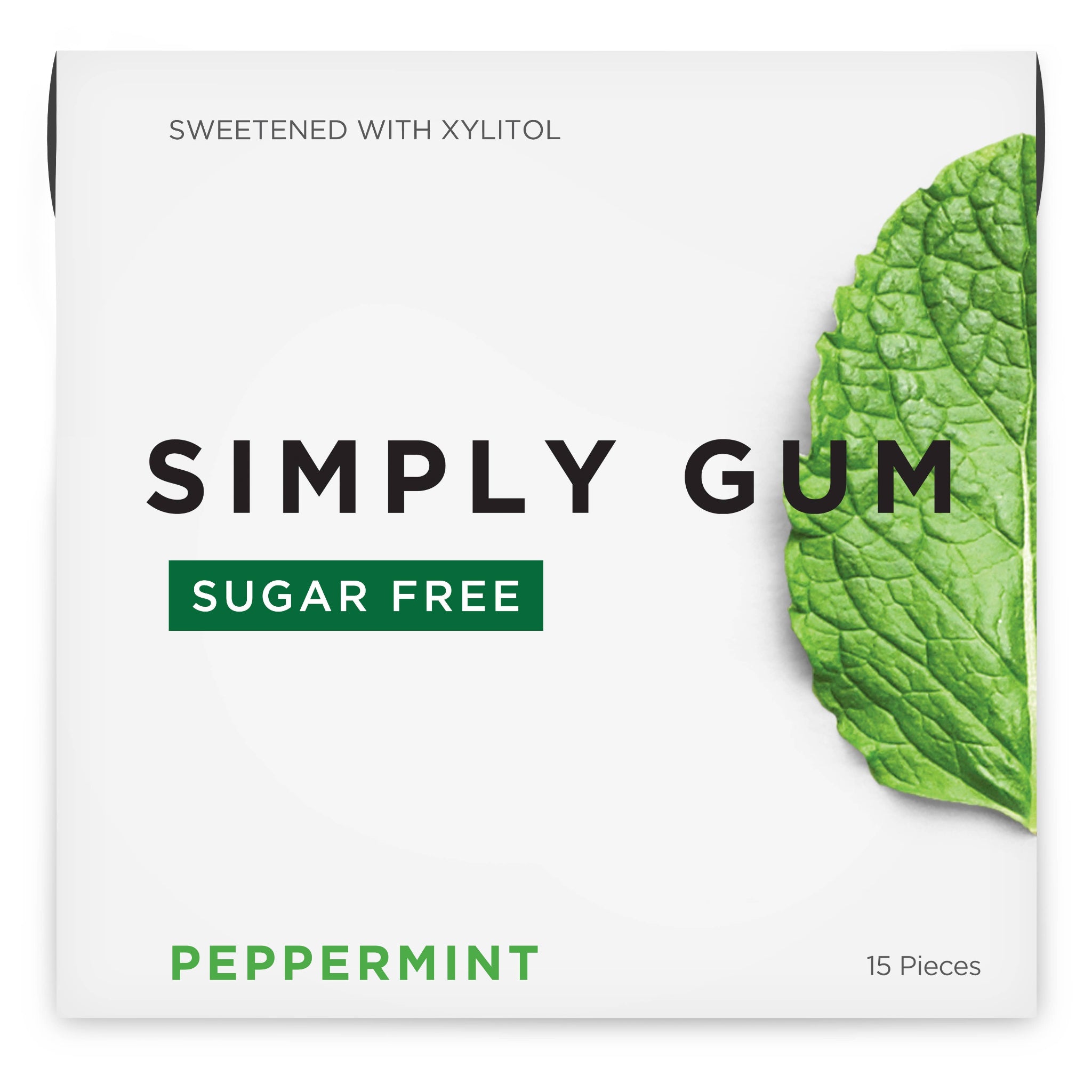 Simply Gum packaging with a peppermint leaf on a white background,  Chew your way to a healthier smile with our Sugar-Free Peppermint Natural Chewing Gum. Sweetened with xylitol to help prevent cavities. Buy your box today!