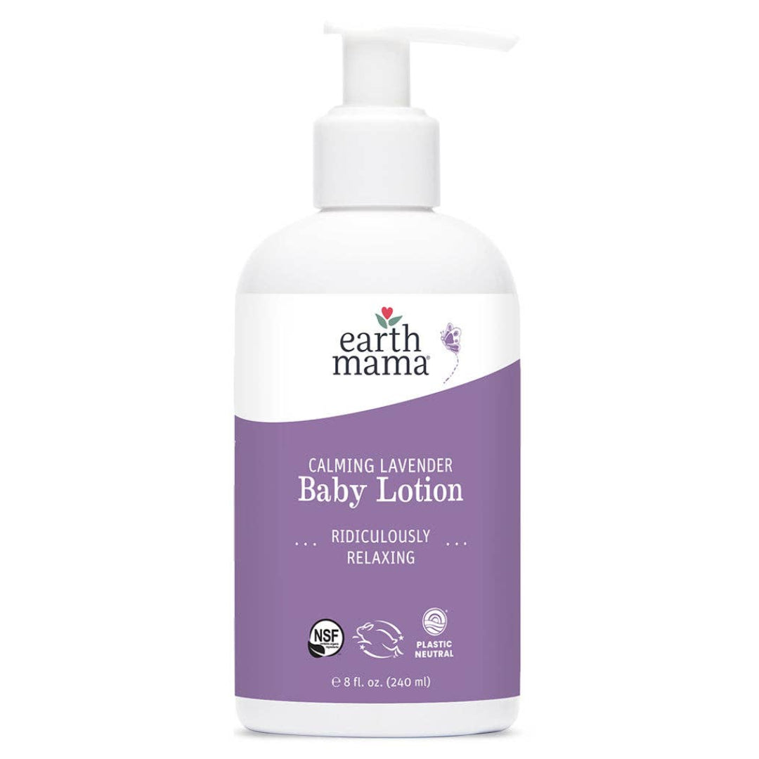 Earth Mama Organics Calming Lavender Baby Lotion bottle with organic lavender and vanilla formula for newborns