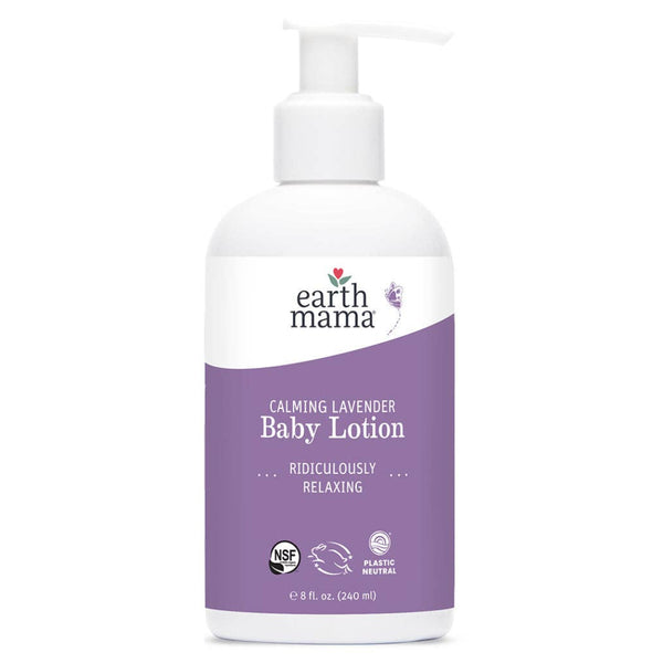 Earth Mama Organics Calming Lavender Baby Lotion bottle with organic lavender and vanilla formula for newborns