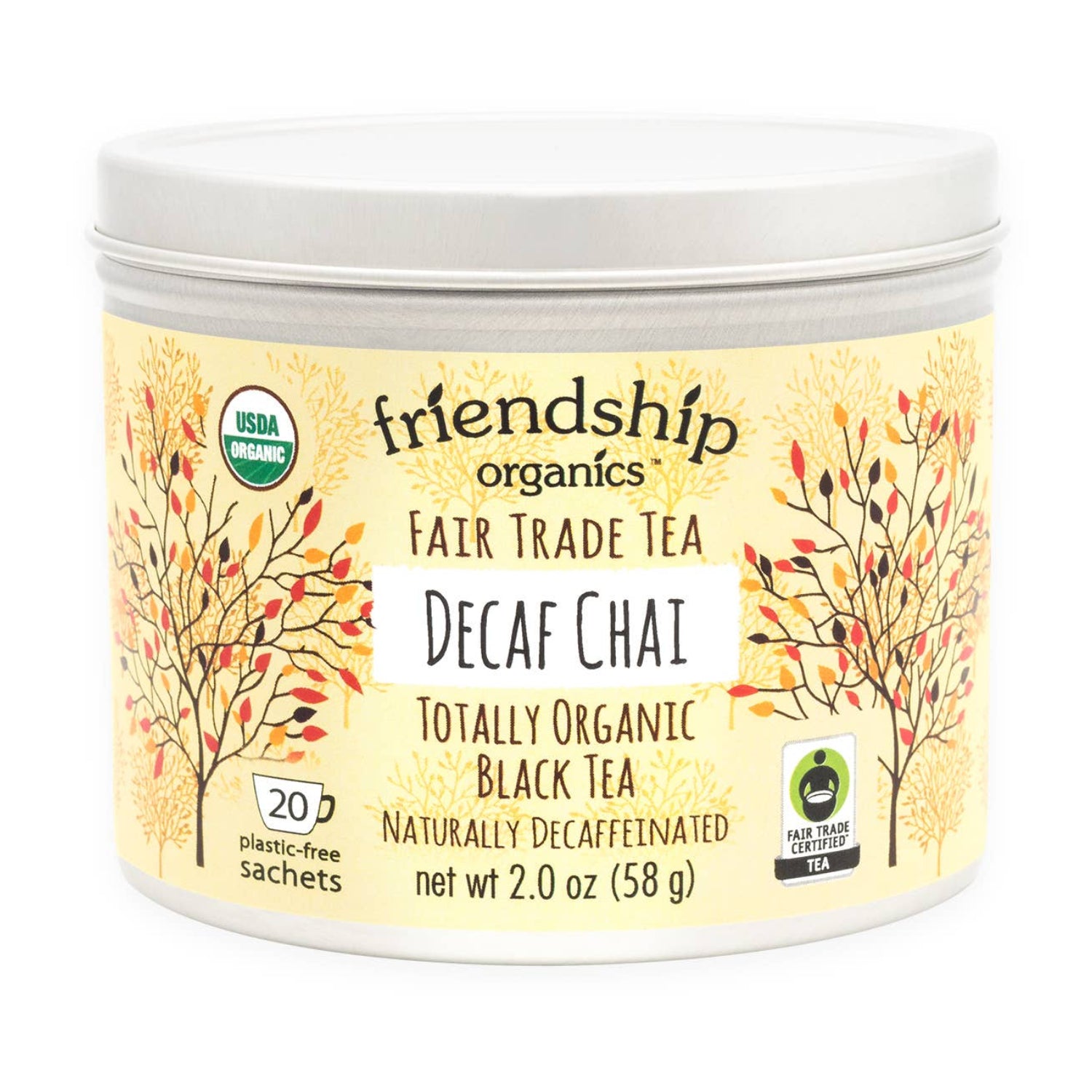 Ethical Trade Co decaffeinated chai tea in reusable recyclable tin with plastic-free packaging