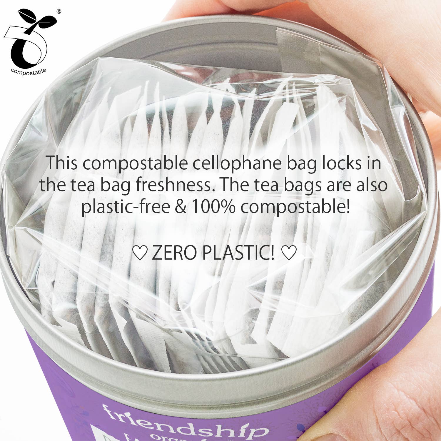 Close-up of plastic-free abacá fiber tea sachets for organic blueberry black tea