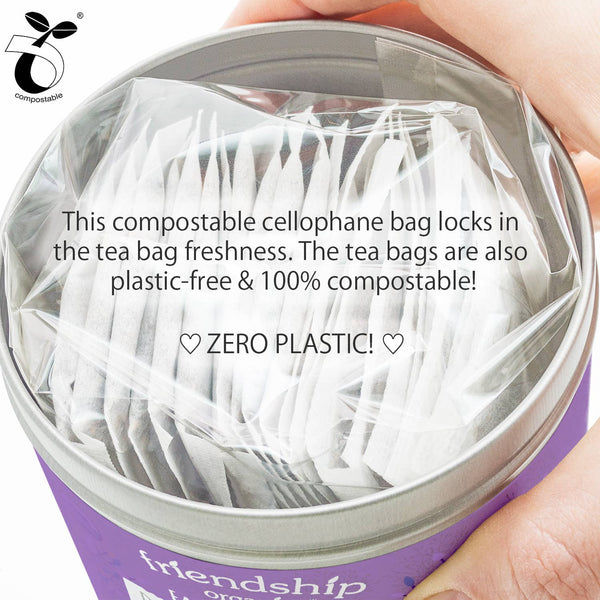 Close-up of plastic-free abacá fiber tea sachets for organic blueberry black tea