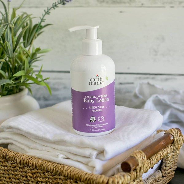 Close-up of Earth Mama Calming Lavender Baby Lotion texture showing lightweight moisturising consistency