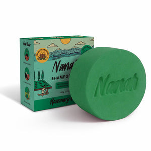 NANAH Rosemary Mint Shampoo Bar beside its kraft paper packaging on a white background — sulfate-free solid shampoo for fine and thinning hair