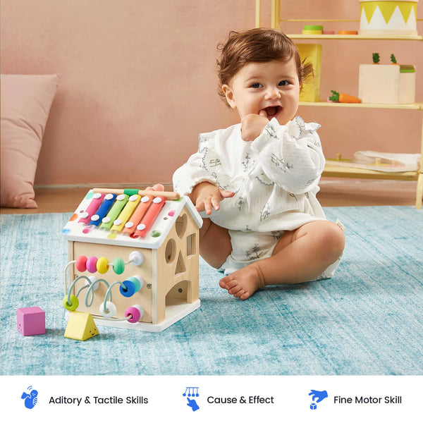 Tiny Land® Rainbow Cottage Activity Cube – Montessori Wooden Toy for Babies & Toddlers