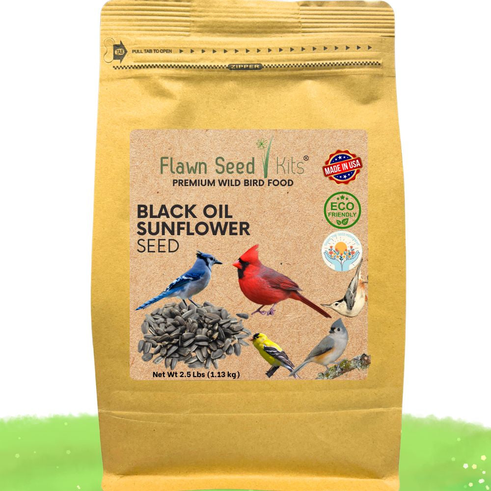Bag of Flawn Seed Kits Black Oil Sunflower Seed with bird illustrations on a white background