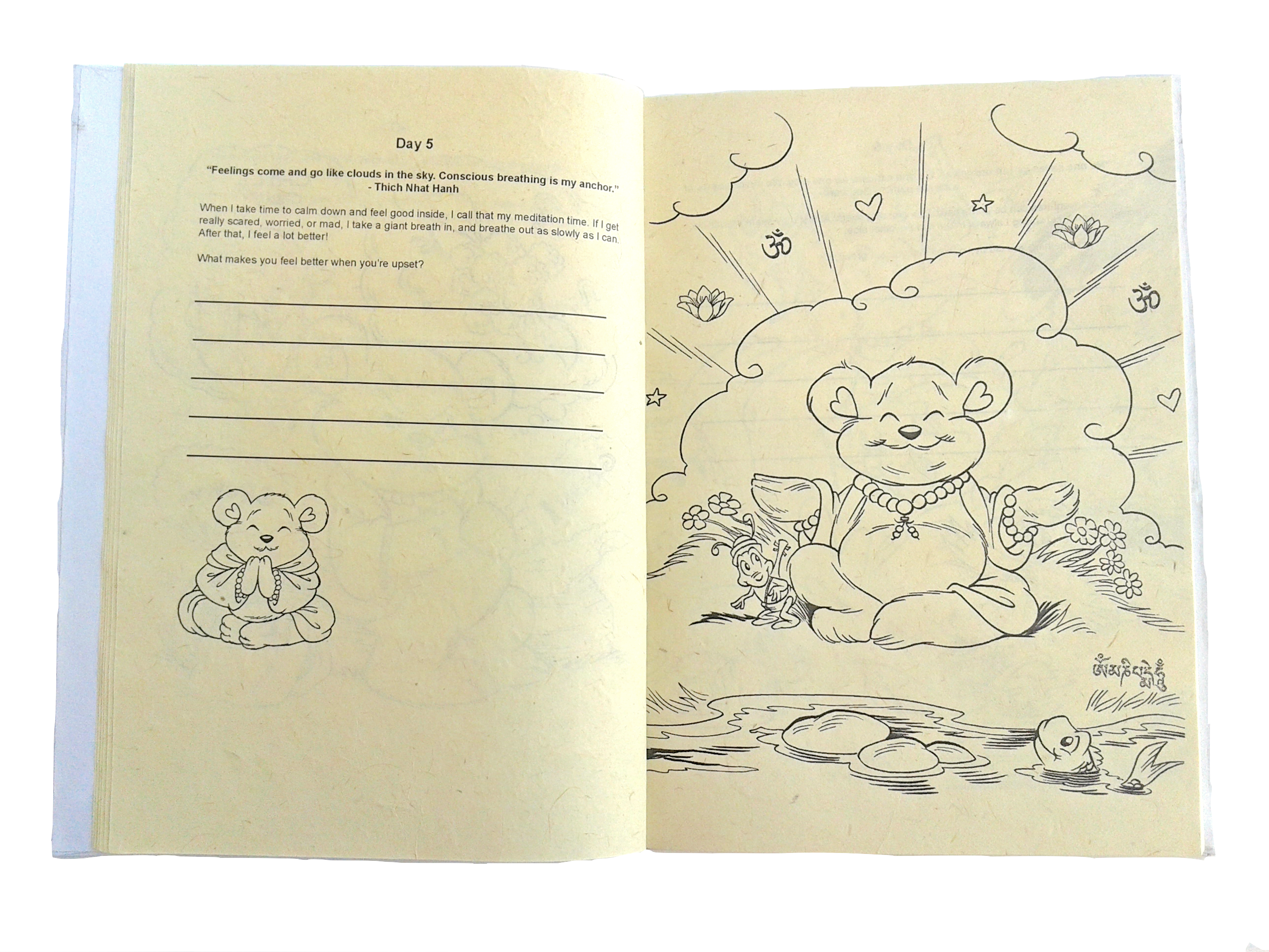 Handmade Buddha Bear coloring book crafted on natural lokta paper with eco-friendly ink and flour-based glue