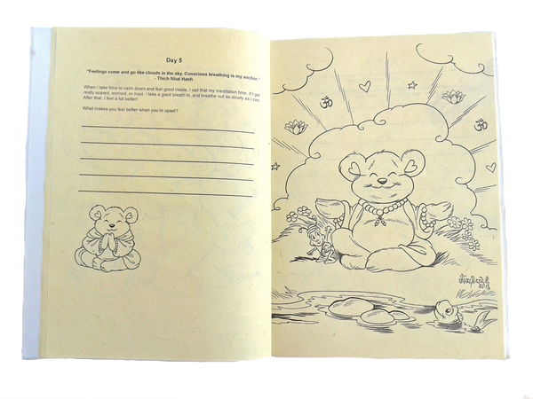 Handmade Buddha Bear coloring book crafted on natural lokta paper with eco-friendly ink and flour-based glue