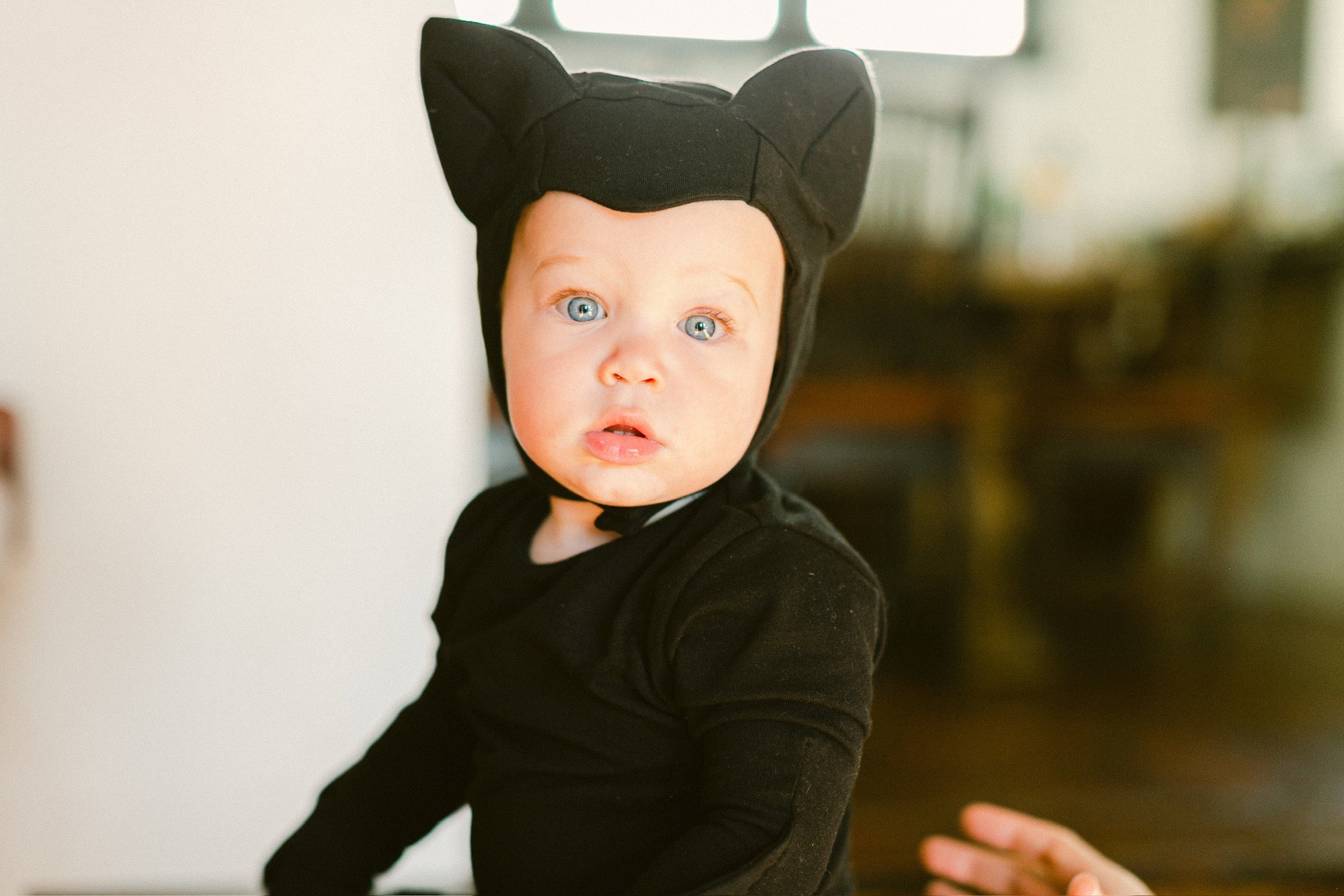 Baby wearing a black cat-themed costume with ears indoors.