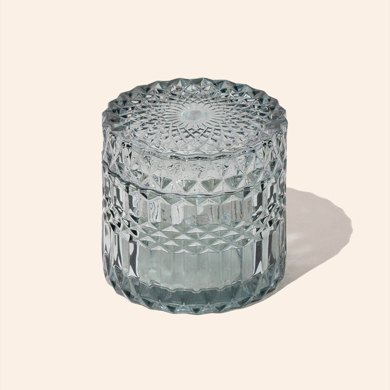 7oz Posh™ glass candle jar in translucent sky with matching lid for candle making