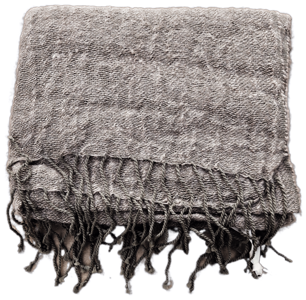 Awana Alpaca Pashmina scarf in green and pewter grey light, a handmade Ecuadorian alpaca gift