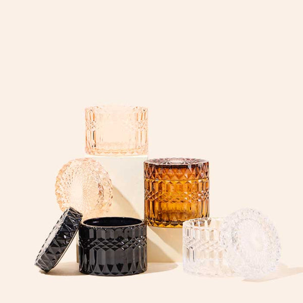 7oz Posh™ heavy-weight crystal glass candle vessels with matching lids in multiple colorways, set of 6