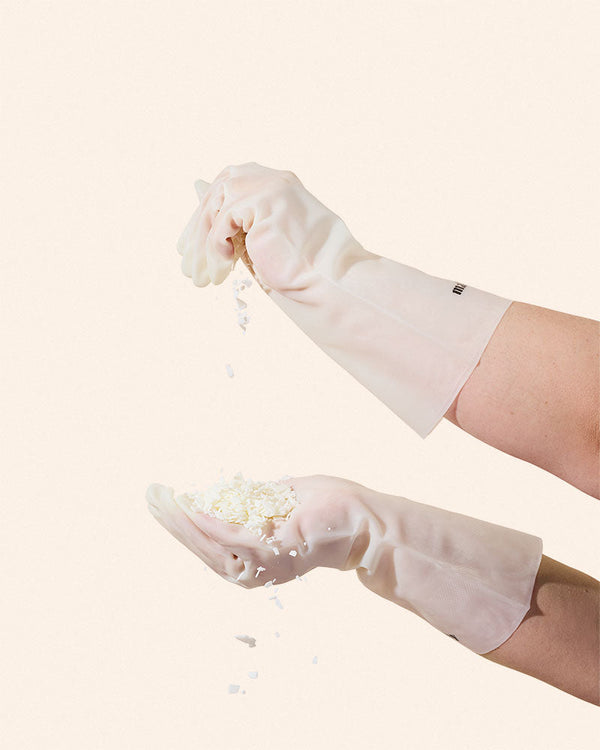 Reusable makesy nitrile gloves laid flat, showing cream colour and durable construction for lye and chemical handling