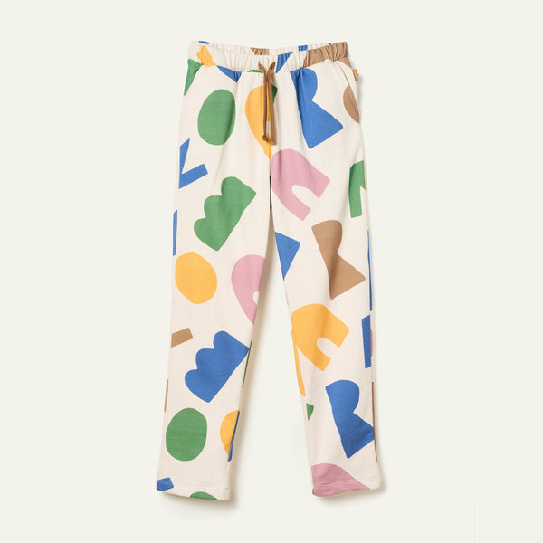 Colorful patterned pants on a white background