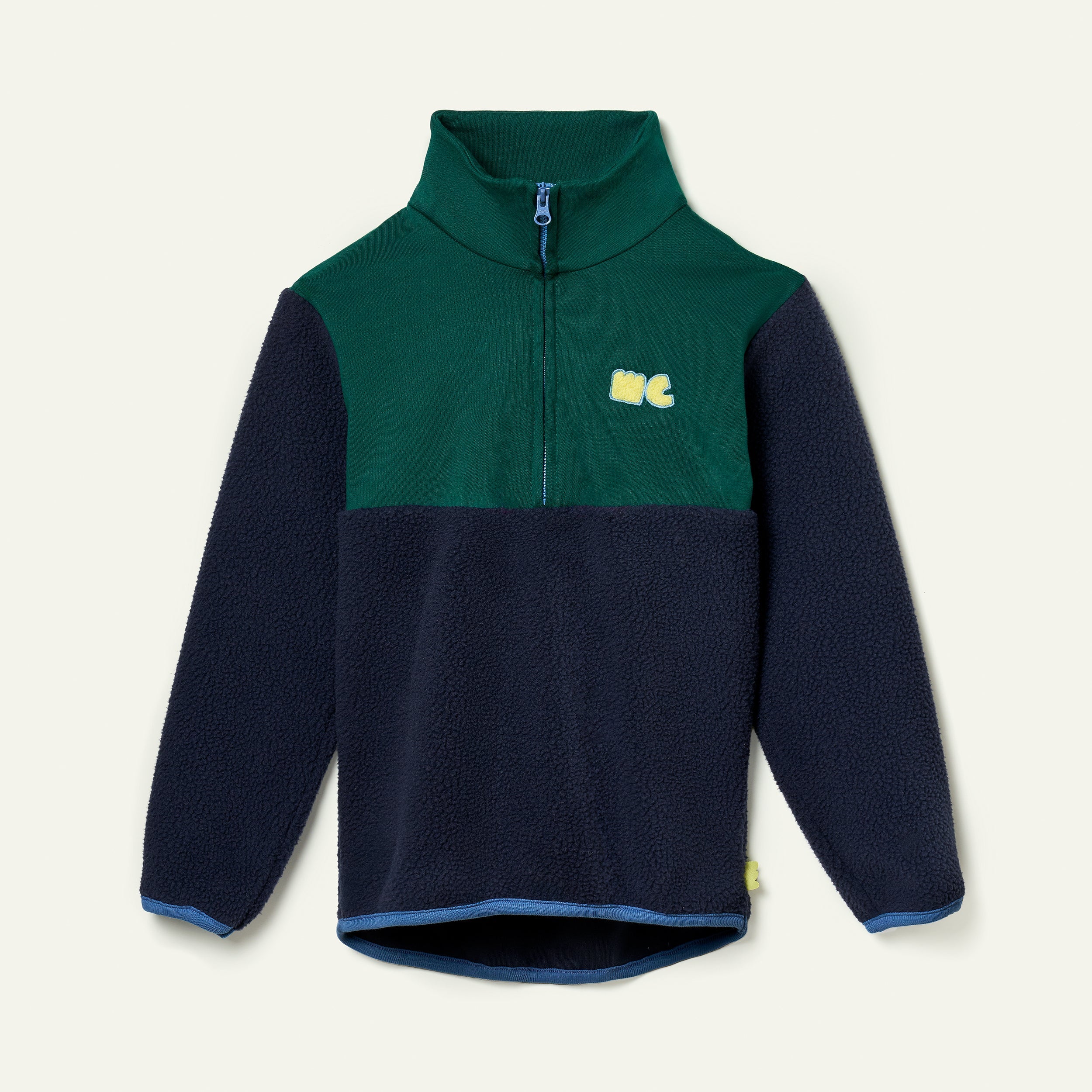 Mon Coeur Kids Navy Sherpa Zip Up in navy and green colourblock recycled organic cotton fleece