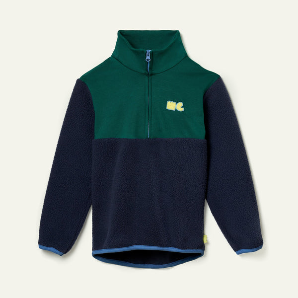 Mon Coeur Kids Navy Sherpa Zip Up in navy and green colourblock recycled organic cotton fleece