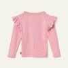 Pink long-sleeve top with ruffled shoulders on a light gray background