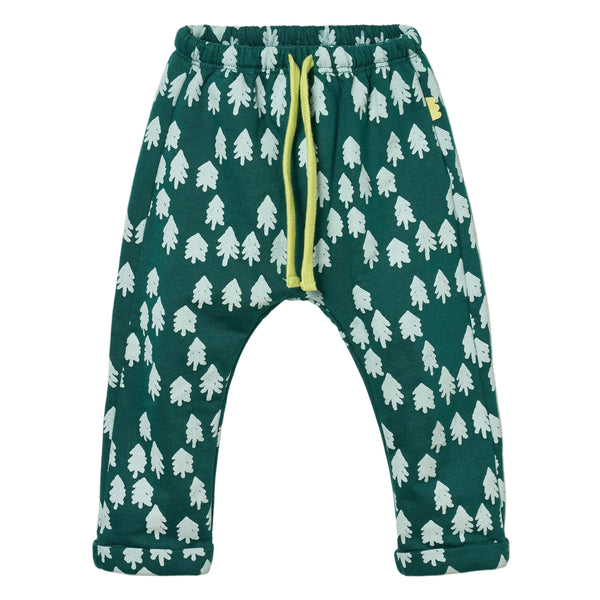 Mon Coeur Snowy Pine Jogger in forest green recycled cotton fleece for kids, front view