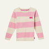 Pink and beige striped sweater with a logo on a white background