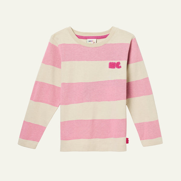 Pink and beige striped sweater with a logo on a white background