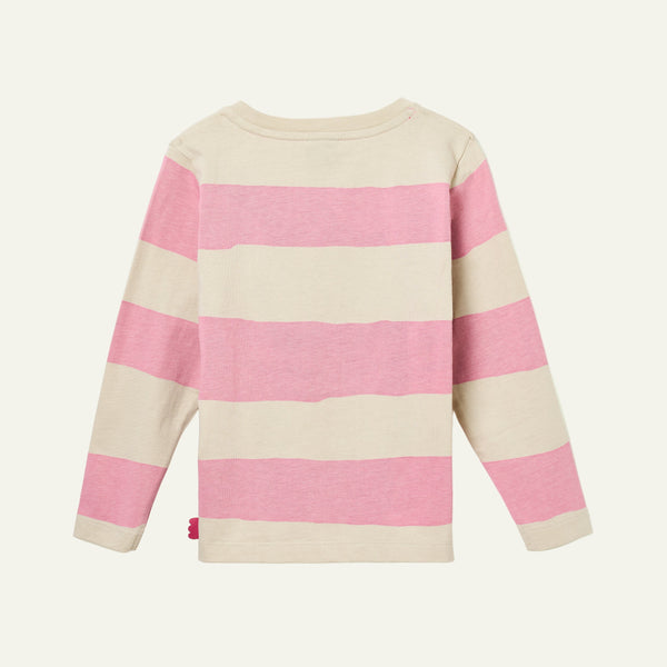 Pink and beige striped sweater on a white background