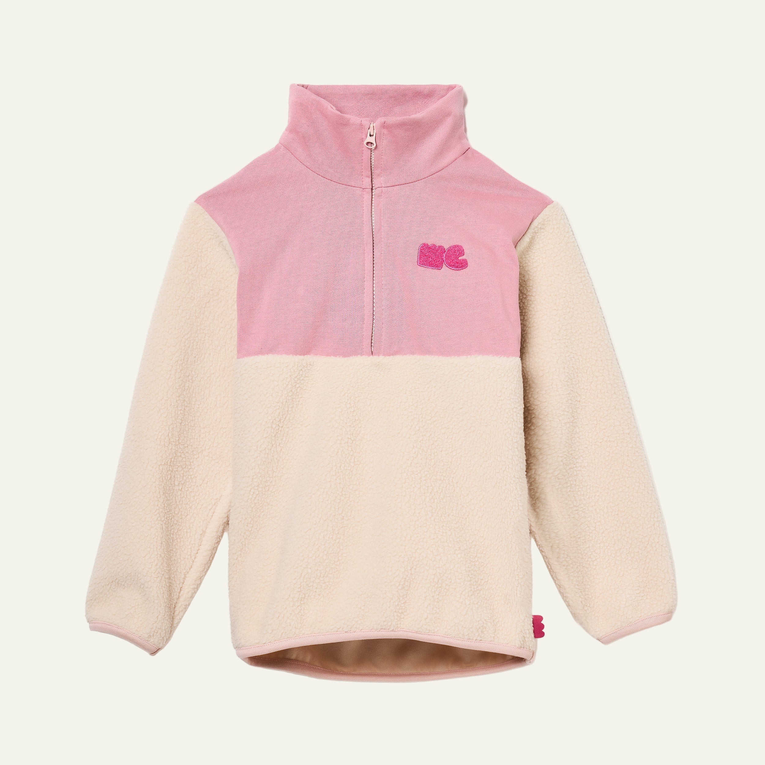 Mon Coeur Pink Sherpa Zip Up kids fleece with contrast pink yoke and half-zip neckline, front view