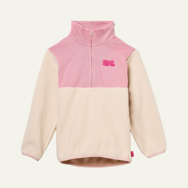 Mon Coeur Pink Sherpa Zip Up kids fleece with contrast pink yoke and half-zip neckline, front view