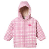 Mon Coeur Pink Grid Puffer jacket for kids in 100% recycled polyester, front view with full zip and hood