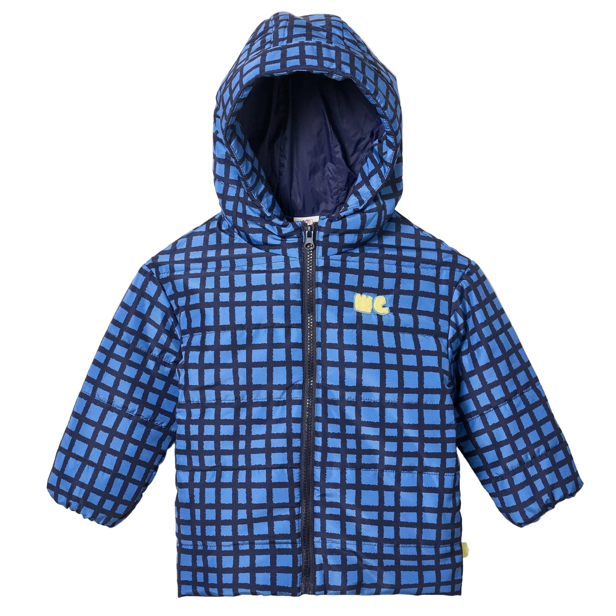 Mon Coeur Blue Grid Puffer jacket for kids in navy recycled polyester, front view