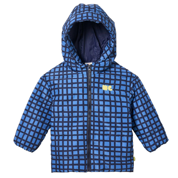 Mon Coeur Blue Grid Puffer jacket for kids in navy recycled polyester, front view