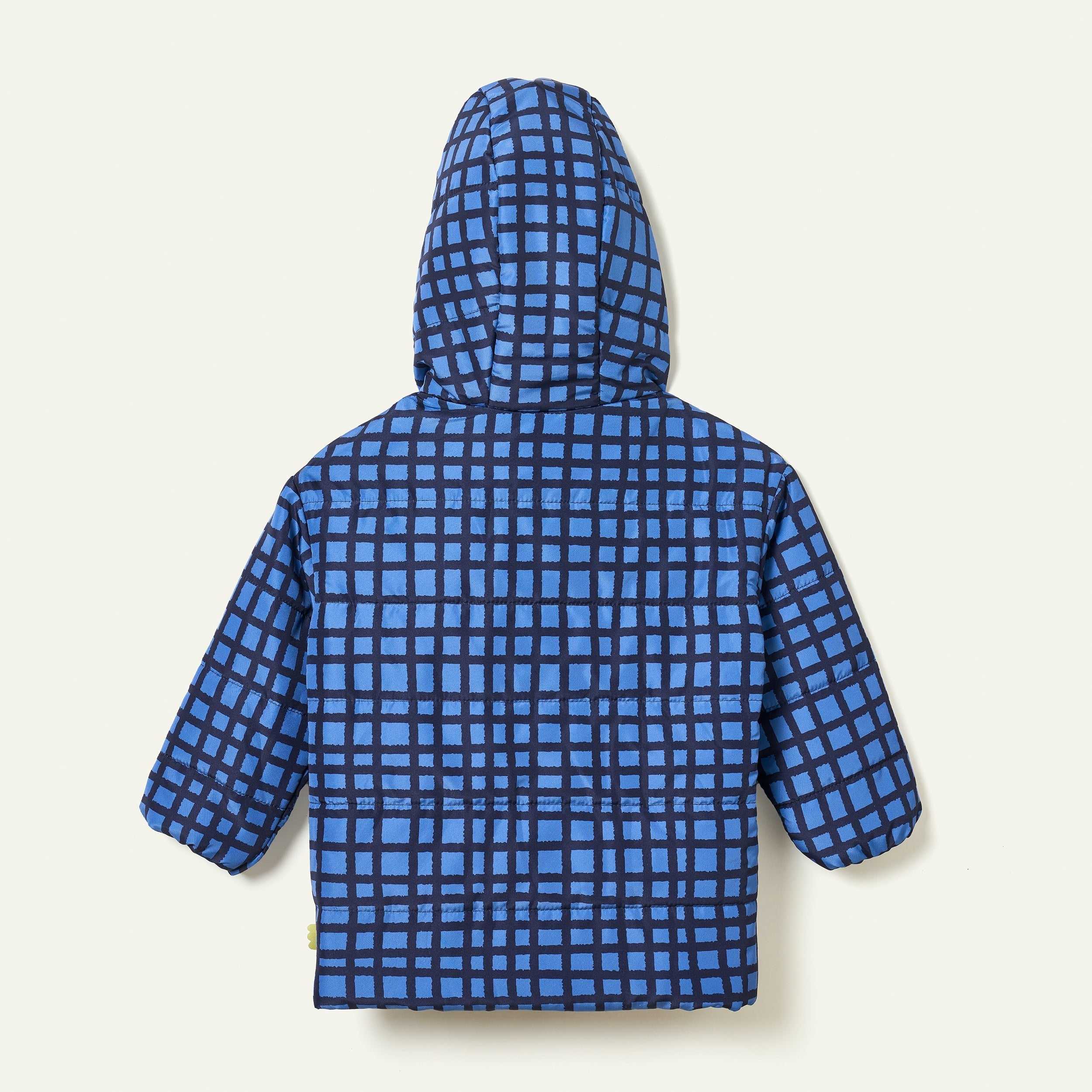 Kid in Mon Coeur Blue Grid Puffer jacket, lightweight unisex recycled polyester coat