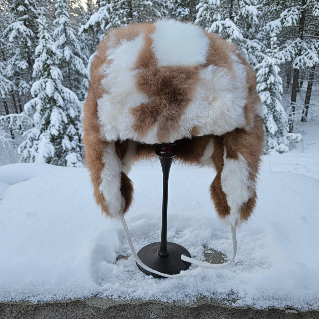 Fur hat on a stand in a snowy outdoor setting