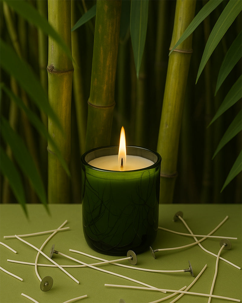 Close-up vertical shot of makesy eco-friendly bamboo candle wicks showing round braided design and metal sustainer tabs