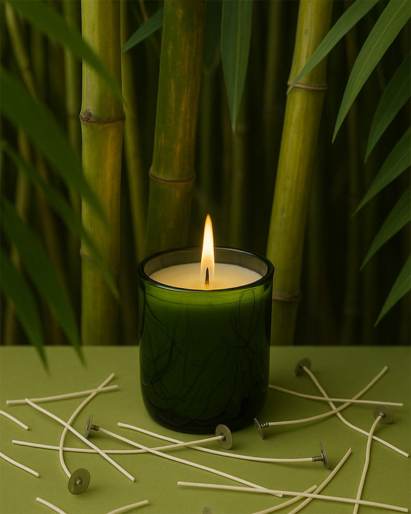 Close-up vertical shot of makesy eco-friendly bamboo candle wicks showing round braided design and metal sustainer tabs