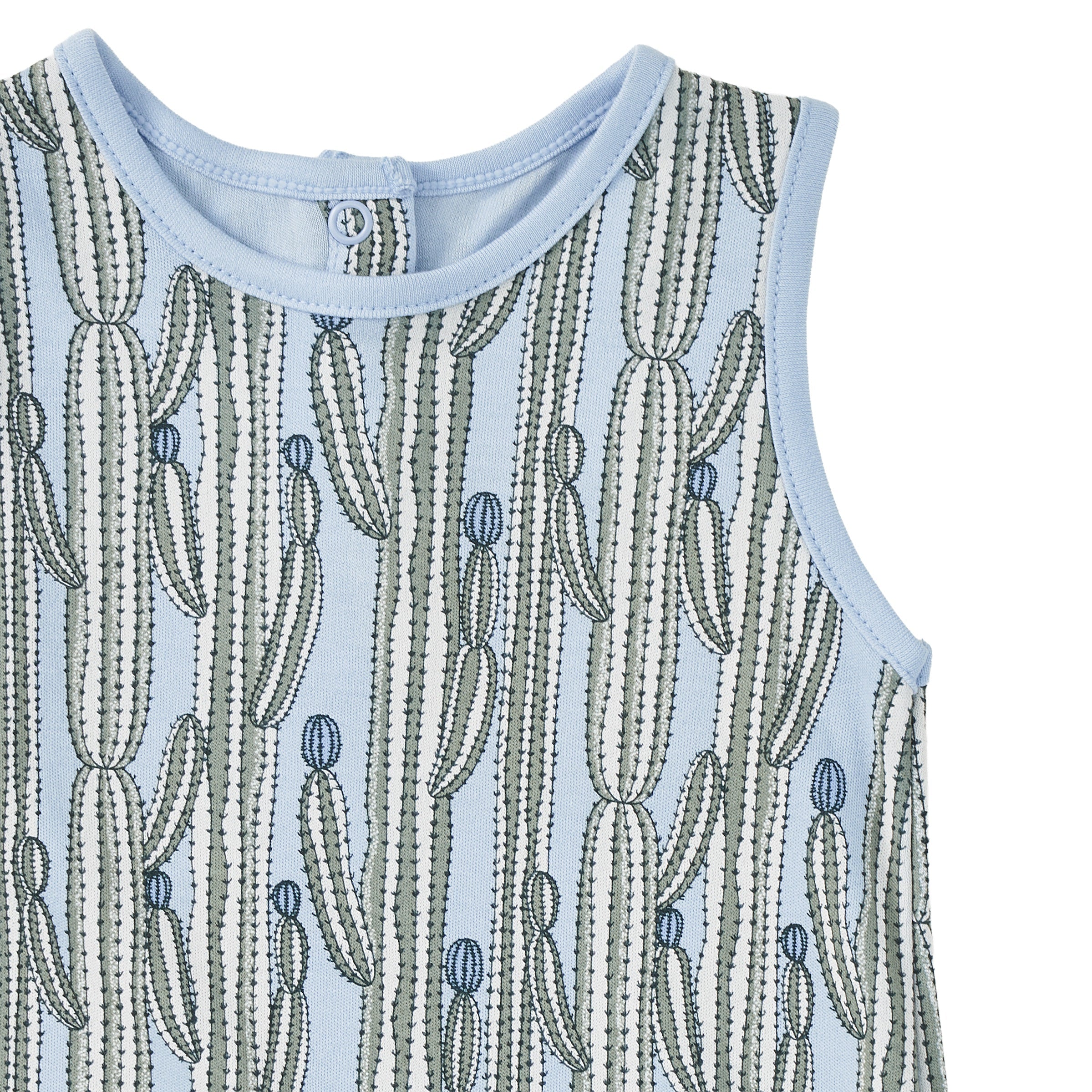 Flat lay of Apple Park sleeveless baby coverall romper in blue cactus Blooming Saguaro print