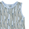 Flat lay of Apple Park sleeveless baby coverall romper in blue cactus Blooming Saguaro print