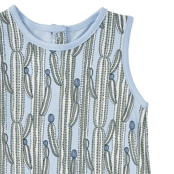 Flat lay of Apple Park sleeveless baby coverall romper in blue cactus Blooming Saguaro print