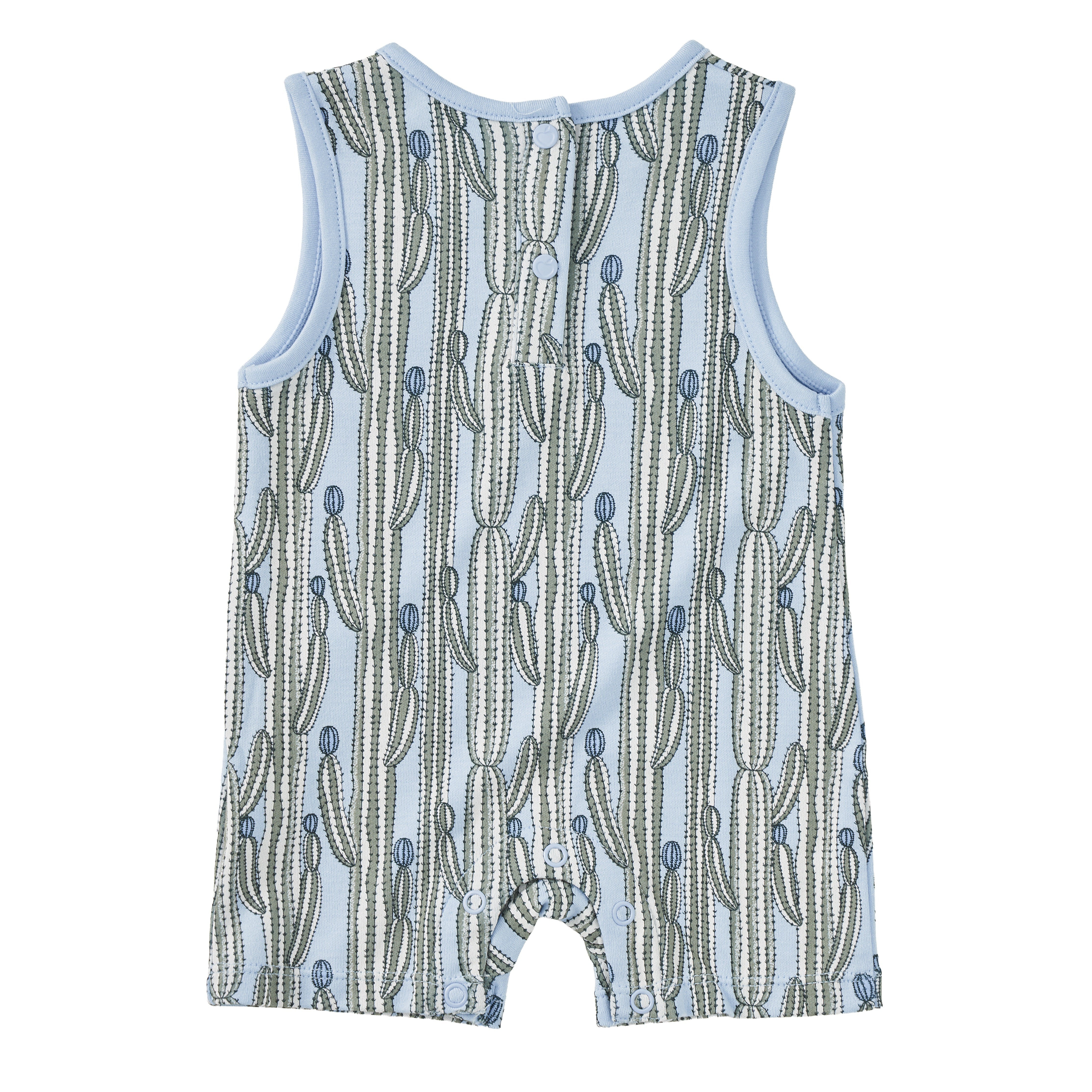 Baby romper with cactus pattern on a light blue background