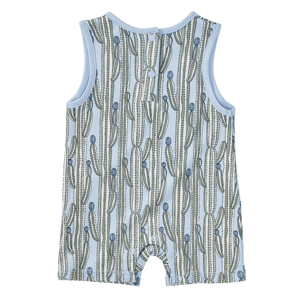 Baby romper with cactus pattern on a light blue background